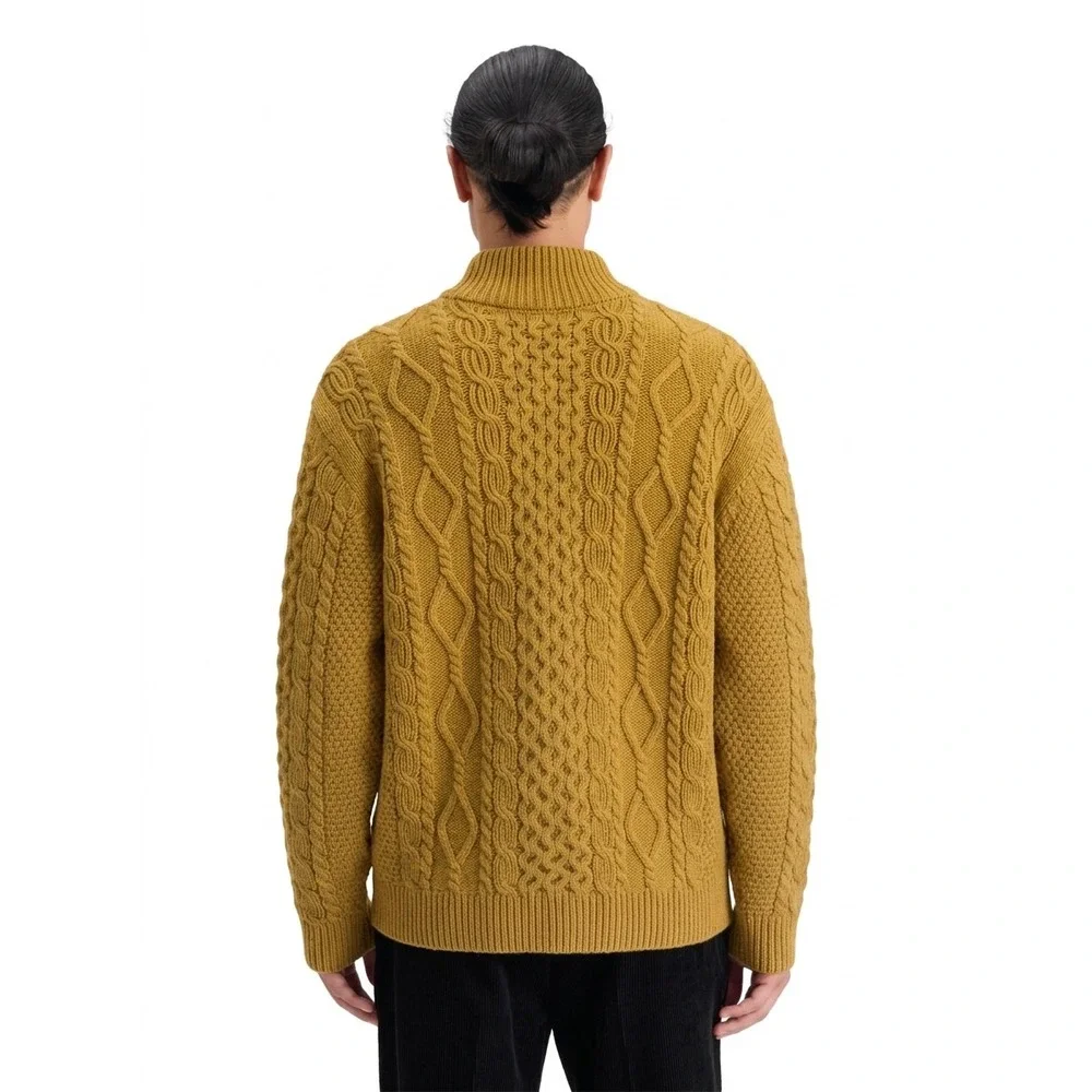 Mens Cable  Knit Cardigan Tan Brown Golden Yellow Shawl Collar Sweater XL Preppy